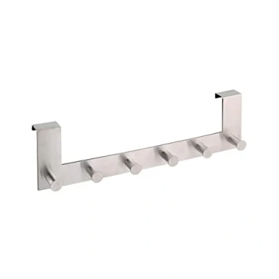 Image of axentia 6 Hook Over Door Hanger, Stainless Steel Coat Robe Hat Clothes Hanger Rack Holder, Bathroom Hooks, Hanging Towel Organiser, approx. 39 x 11 5 cm, Silver