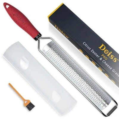 Image of Deiss PRO Lemon Zester &amp; Heavy Duty Cheese Grater Vegetable Parmesan Cheese, Lemon, Garlic, Nutmeg, Chocolate, Fruits, Vegetables, Ginger Stainless Steel Shredder Red