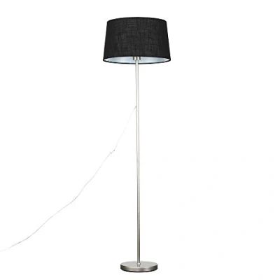 Image of MiniSun Modern Standard Floor Lamp in a Brushed Chrome Metal Finish with Black Faux Linen Tapered Shade