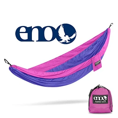 Image of ENO Singlenest Hammock Purple Fuchsia Soft Breathable Fabric 70 Denier High Tenacity Nylon Taffeta Heavy Duty Triple Stitched Fast Dry Compression Stuffsack Aluminium Wiregate Carabiners Weight 454 g