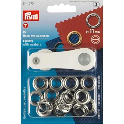 Image of Prym 11 mm Eyelets and Washers, Pack of 15, Brass Silver