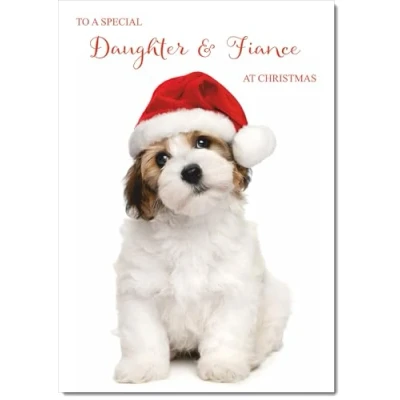 Image of doodlecards Daughter and Fiance Christmas Card Dog Santa Hat Medium Size for &amp; with Plain Envelope