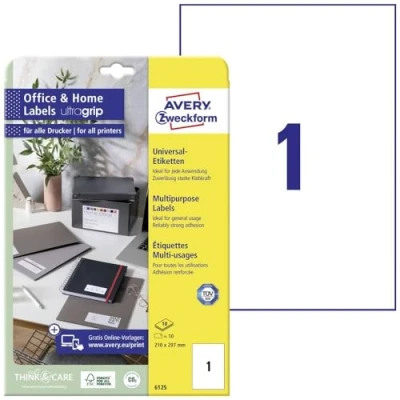 Image of Avery Zweckform 6125 Labels 297x210 mm for Inkjet Laser Copy 10 Sheets
