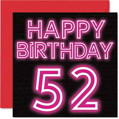 Image of Fun 52nd Birthday Cards for Men Woman Neon Glow Happy Card Dad Mum Grandad Nanny Grandma Uncle Auntie Cousin Friend, 145mm x Greeting Cards,