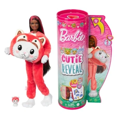 Image of Barbie Cutie Reveal Doll &amp; Accessories with Animal Plush Costume 10 Surprises Including Color Change, Kitten as Red Panda in Themed Series, HRK23