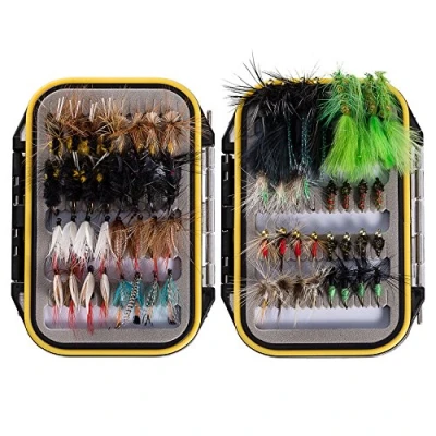 Image of Bassdash Fly Fishing Assorted Flies Kit, Pack of 64 pcs Lure Including Dry Flies, Wet Nymphs, Streamers, Terrestrials and More, with Double Side Waterproof Box