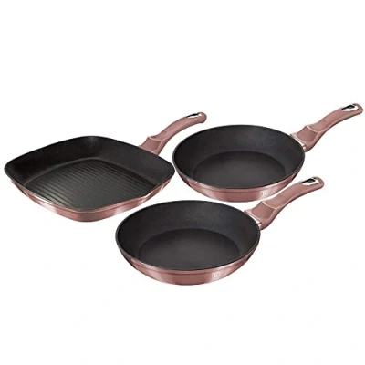 Image of Belinger Haus 3 Pcs Frying Grill Pan Aluminum Non Stick Marble Coating Metallic Home Kitchen Set Suitable for Induction Various Colures (Rose)