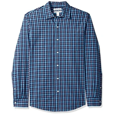 Image of Amazon Essentials Men&#039;s Slim Fit Long Sleeve Poplin Shirt, Navy Plaid, XL