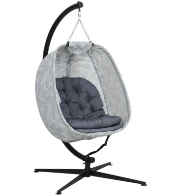 Image of Outsunny Hanging Egg Chair Outdoor Indoor Garden Swing with Folding Basket, Stand, Thickened Cushion, Cup Holder for Patio, Balcony, Grey