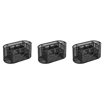 Image of OSCO Black Wiremesh Organiser with Drawer 3 Pack Desk Tidy Pen Holder Office Storage Pencil 8 Compartments Stationery Caddy H10.5 x W22 D11 cm