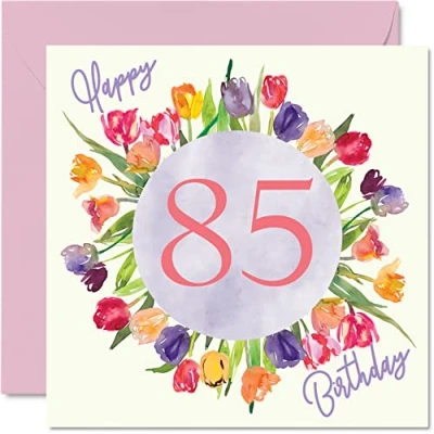 Image of Beautiful 85th Birthday Cards for Women Watercolour Tulips Flowers Bouquet Happy Card Her Grandma Nanny Gran Mum Gifts, 145mm x Lovely Floral Greeting Gift