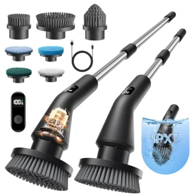 Image of Leebein Electric Spin Scrubber, Upgraded Cleaning Brush, IPX7 Waterproof Shower Scrubber with 7 Brush Heads, Extendable Long Handle and 2 Speeds for Bathroom Floor Kitchen