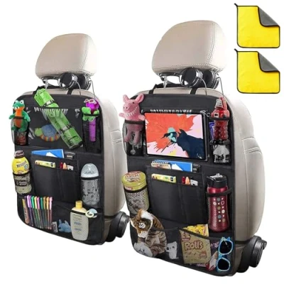 Image of WHENZOO Car Seat Organiser, Kids Back Storage with Clear Touch Screen Tablet Holder 9 Pockets for bottles toys books Accessories Toddlers, Black (2pcs)