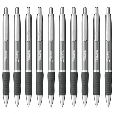 Image of Sharpie S Gel Pens Medium Point 0.7mm Black Ink Pack of 10 Metal Barrel Steel Gunmetal Grey