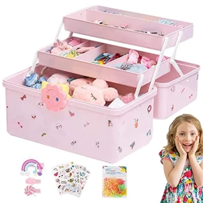 Image of Children&#039;s Hair Accessories Storage Box, kawai i Organiser, Multi Layer with Drawer, Pink Jewellery Box for Girls, Bands, Ties, Clips