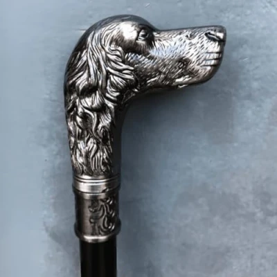 Image of Gadgetzone ® Vintage Style Dog&#039;s Head Mens Ladies Walking Stick Cane Mobility Aid Silver Pewter Black Fancy Dress Novelty Accessories Antique Heavy Duty