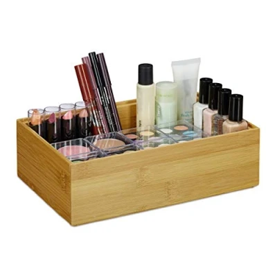 Image of Relaxdays Bamboo Storage Box, Stackable, Natural Look, Kitchen Organiser Bins, Bathroom, HxWxD: 7 x 23 15 cm,