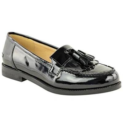 Image of Womens Ladies Loafers Flat Casual Office Work School Fringe Tassel Pumps Shoes Black Patent