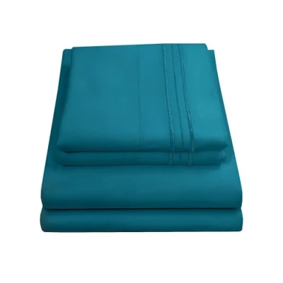Image of Sweet Home Collection Luxury Bedding Set with Flat, Fitted Sheet, 2 Pillow Cases, Microfiber, Teal, Queen