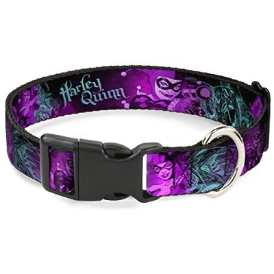 Image of Buckle Down Plastic Clip Collar HARLEY QUINN Pow &amp; Aiming Poses/Joker Sketch Black/Turquoise/Fuchsia