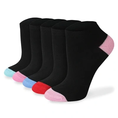 Image of Socksmad Ladies Trainer Socks Size 4 7 Coloured Heel &amp; Toe Black Multipack Womens Sports Cotton Rich, Summer Liners Gifts for Her 5 Pair Pck PK1