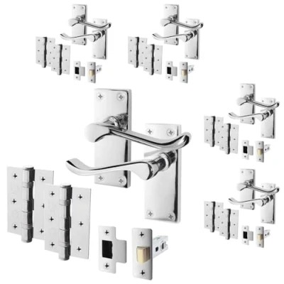 Image of EAI Polished Chrome Victorian Scroll Door Handle Latch Set 5 Pairs of Internal Lever Handles on Backplate with Hinges (76mm) &amp; (64mm)
