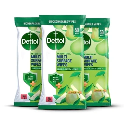 Image of Dettol Multi Surface Antibacterial Wipes, Plant Based Ingredient, Crisp Pear Fragrance, Multipack of 3 x 50 Wipes