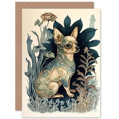 Image of Artery8 Chihuahua Dog With Floral Pattern Fur Coat Modern Portrait in Flower Field Illustration Art Birthday Sealed Greeting Card Plus Envelope Blank inside