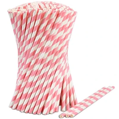 Image of Disposable Paper Drinking Straws with Pink/White Stripes, Pack of 1000, 19.7 cm x 0.6 Biodegradable and Compostable