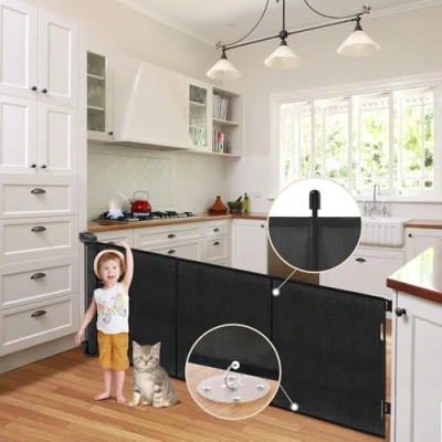 Image of suihuooo Retractable Stair Gate for Baby and Dog, Mesh Extends up to 180cm Wide, 86cm Tall Dog Gate, Extra Wide Safety Doorways, Hallways, Indoor Outdoor