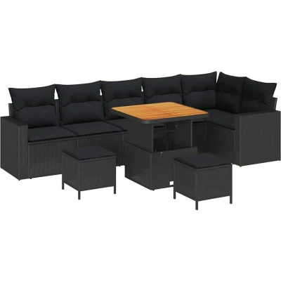 Image of vidaXL 9 Piece Garden Sofa Set with Cushions Black Poly Rattan Acacia