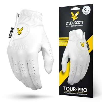 Image of Lyle &amp; Scott Tour Pro Premium Ultra Soft Cabretta Leather Golf Glove Ultimate Grip, Moisture Control, Durable Mens Glove, Men, White, Extra Large, Right Hand