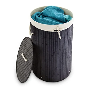 Image of Relaxdays Folding Round Laundry Basket Bin Hamper, 65 x 41 cm, 80 L, Made of Bamboo, Foldable, Fabric, Black, cm