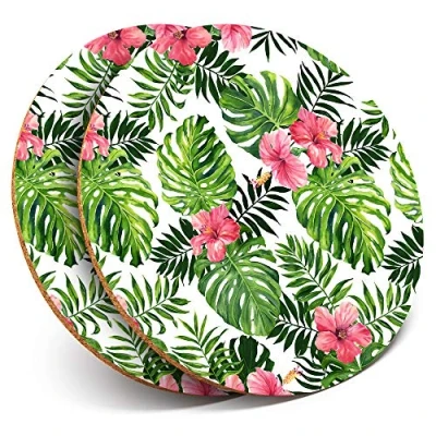 Image of Destination Vinyl ltd 2 x MDF Glossy Top Coasters Round Tropical Hibiscus Flowers Surf 12889