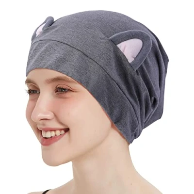 Image of Hat Hut Satin Bonnet Silk Hair Cover Sleep Cap for Curly Women Adjustable Lined Slouchy Beanie with Ears (Grey Cat Women)