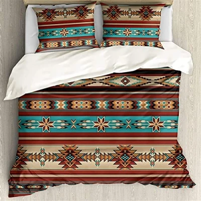 Image of NC Southwester Native American Indian Style Bedding Sets 3 Piece Duvet Cover Breathable Quilt with 2 Pillowslips for Guest Room School Dormitory Lining 200x200cm