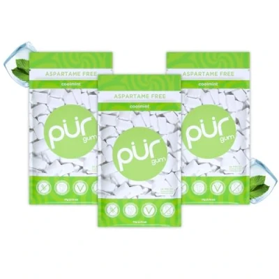 Image of PUR Gum Sugar Free Chewing Made with Xylitol Vegan, Aspartame Free, Gluten and Keto Friendly Natural Coolmint Flavoured Gum, 55 Pieces (Pack of 3)