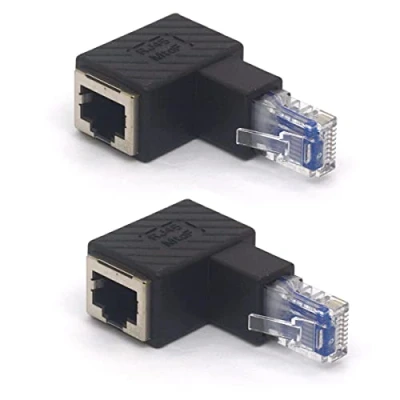 Image of HTGuoji Angled RJ45 Ethernet Adapter, 90 Degree 8P8C Male to Female Cat5e Cat6 Network Patch Connector 2PCS (Up)
