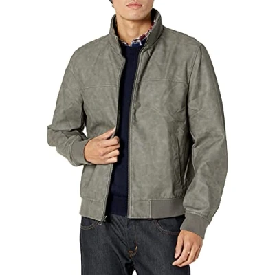 Image of Tommy Hilfiger Men&#039;s Smooth Lamb Touch Faux Leather Unfilled Windbreaker Bomber Jacket, Light Grey, S