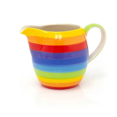 Image of Carousel Home 200ml Hand Painted Rainbow Stripe Ceramic Milk Jug Creamer Mini Multicoloured Cream Small Sauce Individual Serving