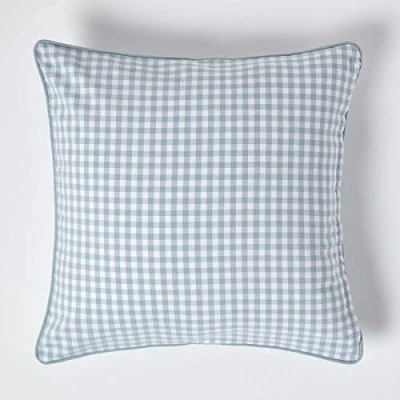 Image of HOMESCAPES 100% Cotton Gingham Check Large Cushion Cover 60 x cm Square 24 Inches Blue White Sofa Pillow Washable