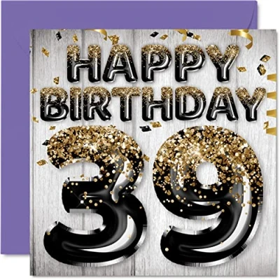 Image of 39th Birthday Card for Men Black &amp; Gold Glitter Balloons Happy Cards 39 Year Old Man Friend Brother Dad Uncle, 145mm x Thirty Nine Ninth Bday Greeting Gift