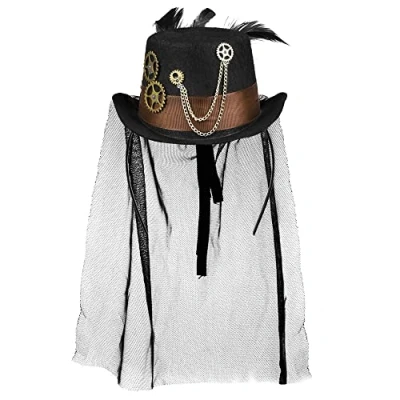Image of Boland Steampunk Steamgear Hair Band Black Miniature Cylinder Hat with Tulle Veil, Satin Band, and Decorative Gears Perfect Accessory for Costumes