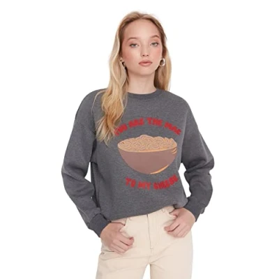 Image of Trendyol Women young Fitted Basic Crew neck Knit Sweatshirt Gray