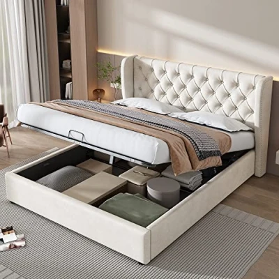 Image of ModernLuxe Upholstered Bed with Hydraulic Lever,Lift Up Double Frame,Functional Storage (135 x 190 cm,Mattress not included) Velvet Beige