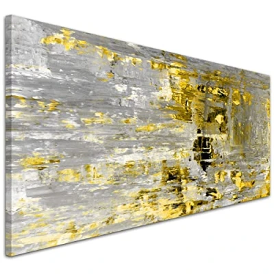 Image of Wallfillers Yellow Abstract Painting Wall Art Print Canvas 1357 Small 97x40cm