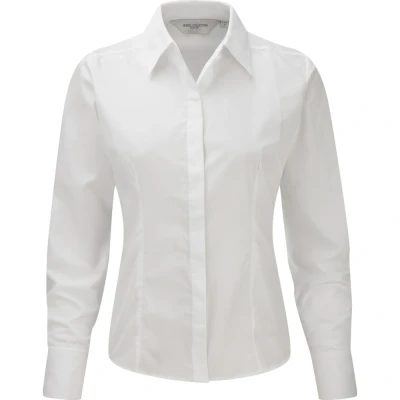 Image of Russell Athletic Collection Ladies/Womens Long Sleeve Poly Cotton Easy Care Fitted Poplin Shirt (White) Size Medium
