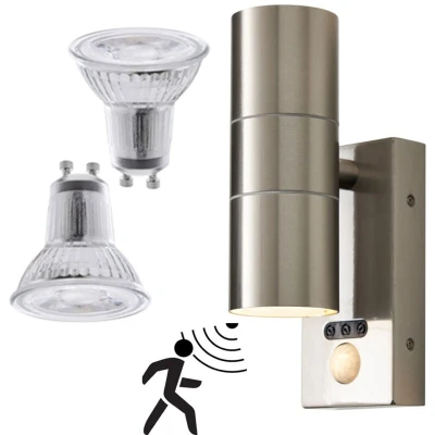 Image of LITECRAFT Kenn Outdoor Up &amp; Down Wall Light with PIR Motion Sensor LED Bulbs (Stainless Steel)