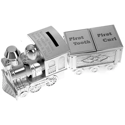 Image of Go Find A Gift Personalised Silver Plated Train Money Box with Tooth &amp; Curl Trinket Carriage