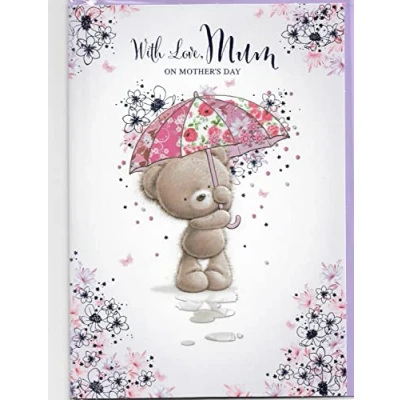 Image of Simon Elvin Mothers Day Card For Mum 25 x 17.5 Cm (9.8 6.9 inches) With Love On Mother&#039;s Cute Teddy Umbrella